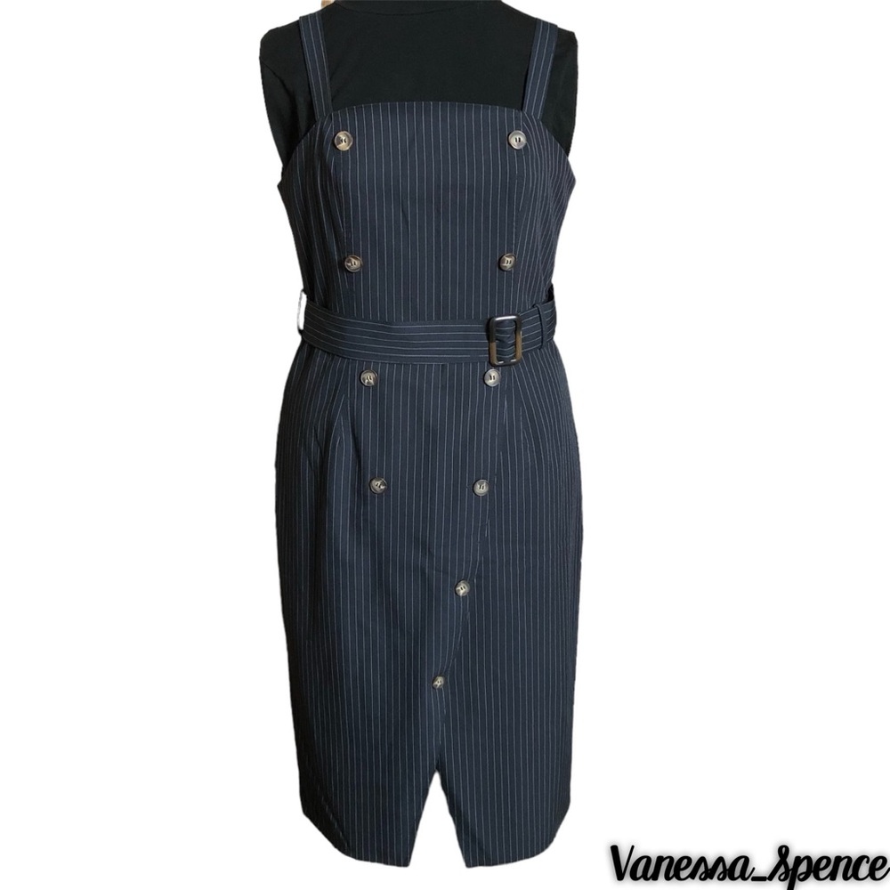 Dress Forum Navy Blue and White Pin Stripe Sleeveless Dress Large